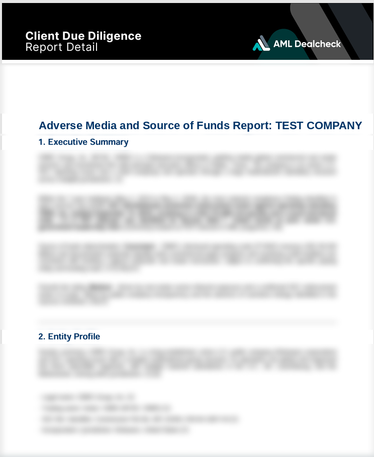 AML Dealcheck Client Due Diligence: Adverse Media and Source of Funds report